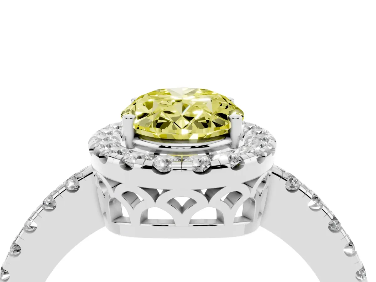 Fancy Yellow Oval Cut Halo Diamond Engagement Ring with Pavé Band and Four-Prong Setting Silver