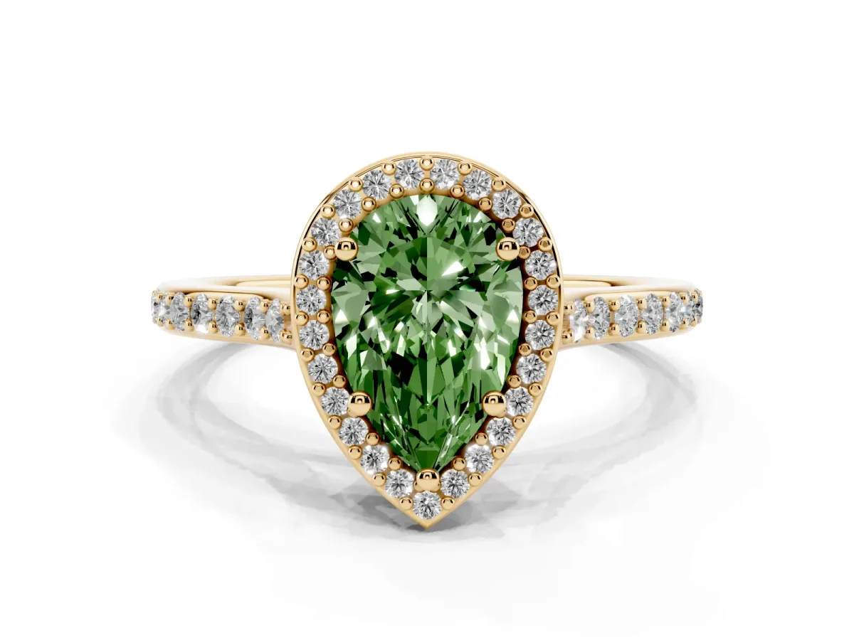 Fancy Green Pear Cut Diamond Halo Engagement Ring with Round Pavé Shoulders and Prong Setting Yellow gold