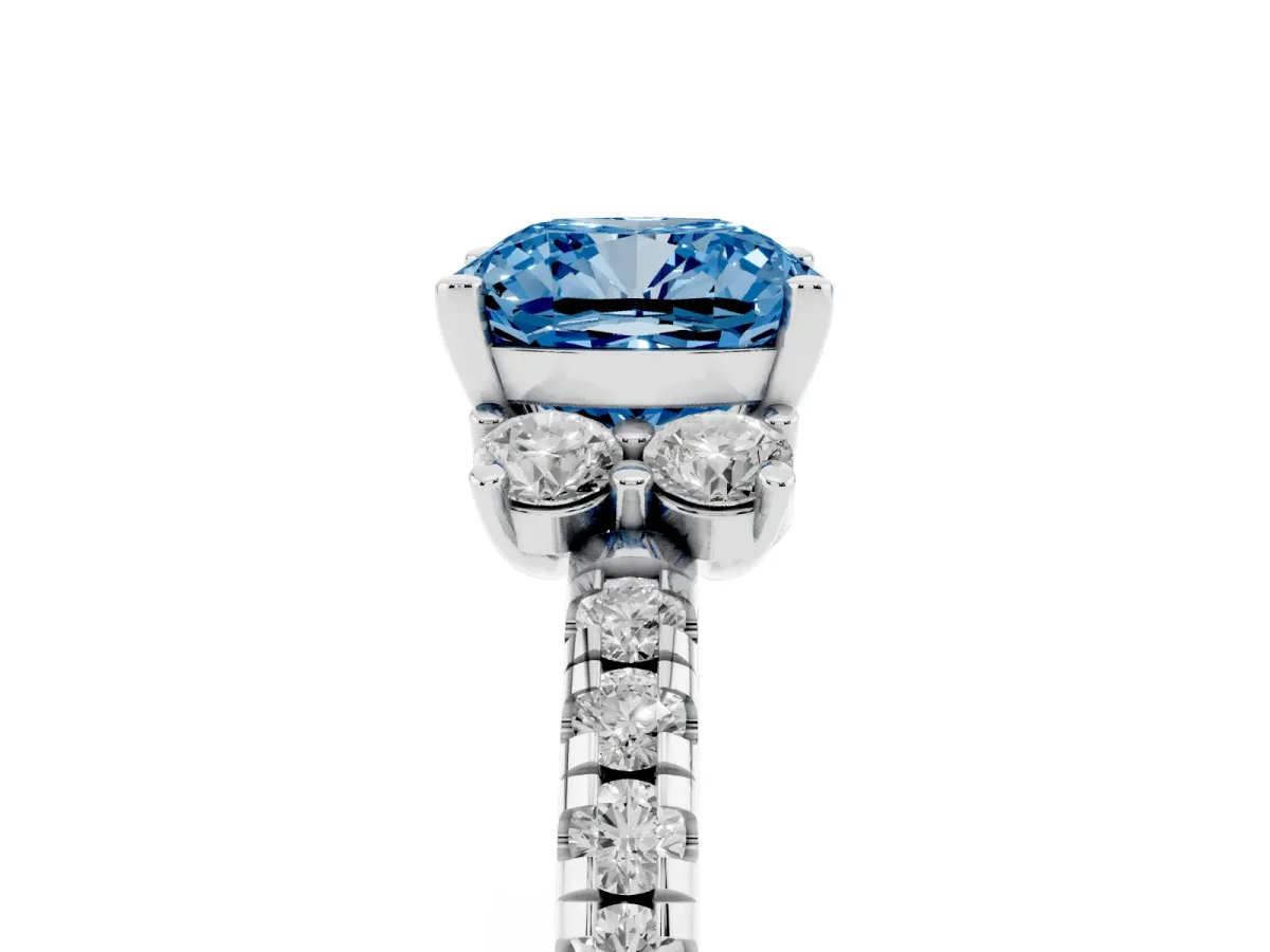 Fancy Blue Cushion Cut Diamond Three-Stone Pave Band with Four-Prong Setting White gold