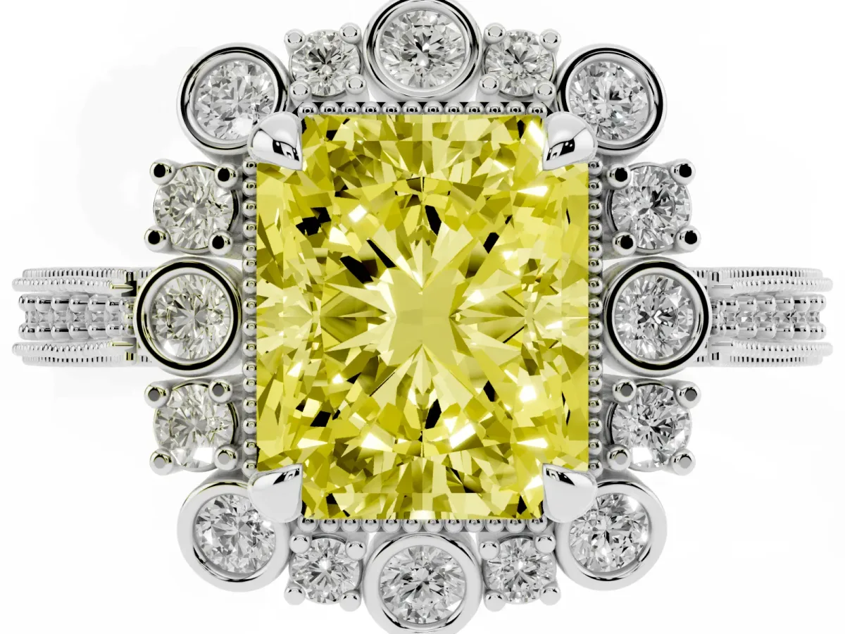 Fancy Yellow Radiant Cut Halo Milgrain Pave Diamond Ring with Four-Prong Setting White gold