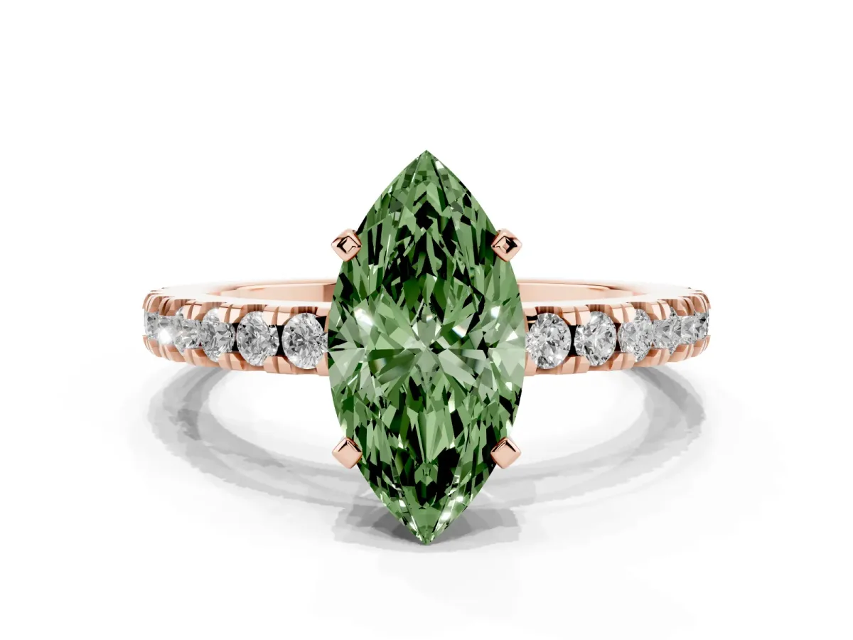 Fancy Green Marquise Cut Solitaire Diamond with Pavé Band and Four-Prong Setting Rose gold