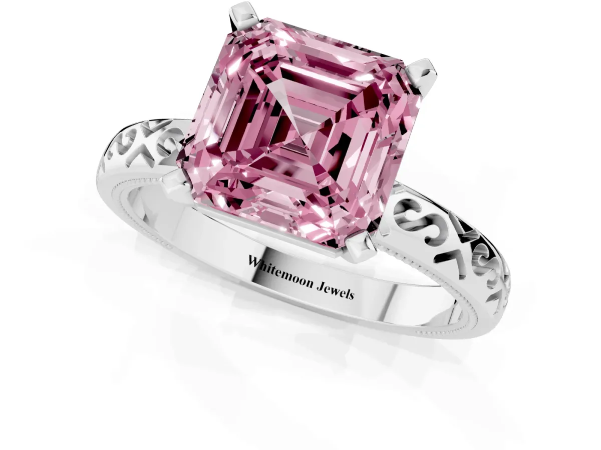 Fancy Pink Asscher Cut Solitaire Engagement Ring with Scrollwork Band and Four-Prong Setting Silver