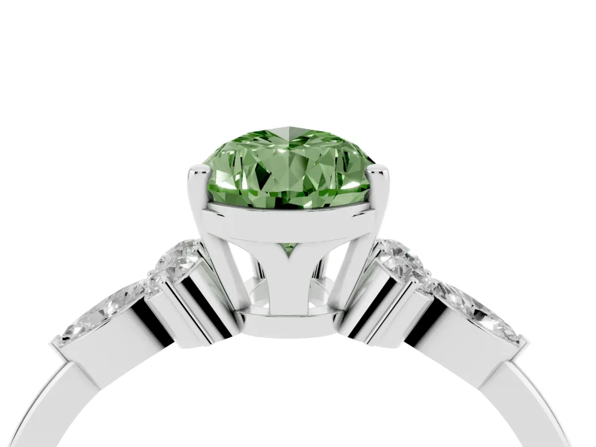 Fancy Green Pear Cut Brilliant Diamond Solitaire Ring with Pear Side Stones and Four-Prong Setting White gold