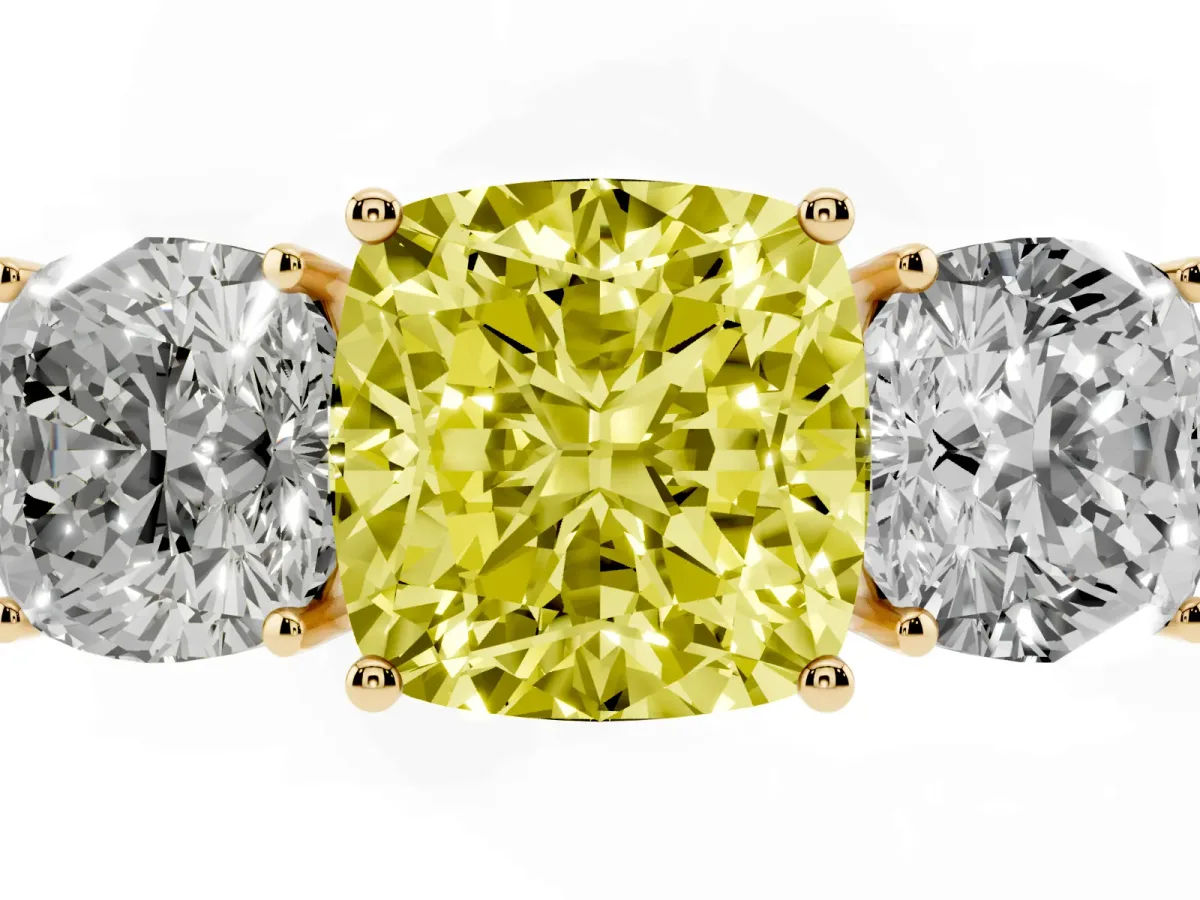 Fancy Yellow Cushion Cut Diamond Three-Stone Ring with Prong Setting and Textured Band Yellow gold