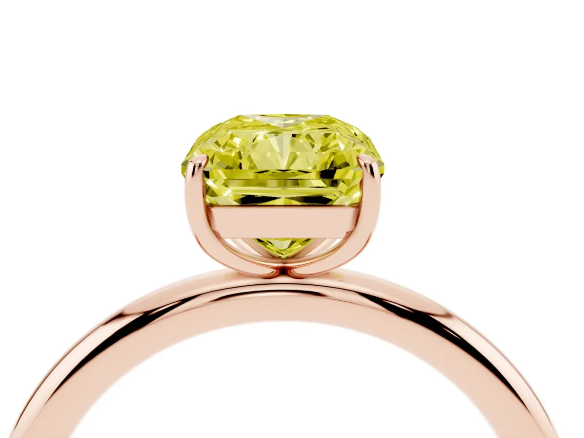 Fancy Yellow Radiant Cut Solitaire Diamond Ring with Four-Prong Setting on a Plain Band Rose gold