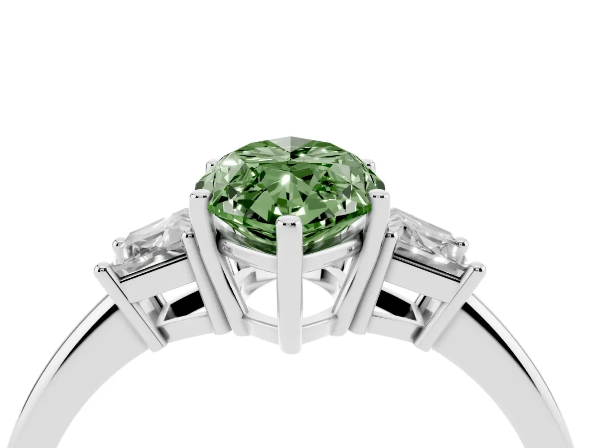 Fancy Green Marquise Cut Diamond Three-Stone Ring with Trapezoid Side Stones and Prong Setting Silver
