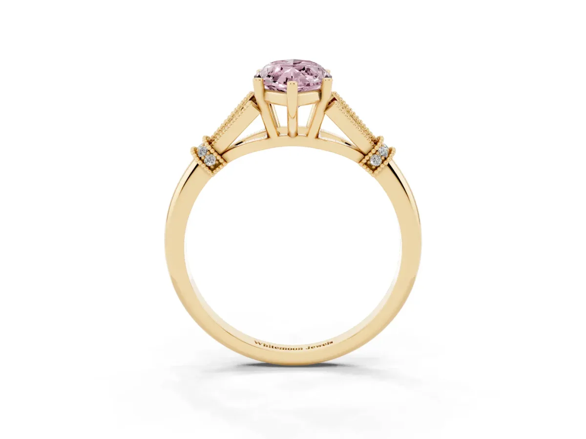 Fancy Pink Marquise Cut Diamond Solitaire Ring with Floral Filigree and Pave Accents Yellow gold