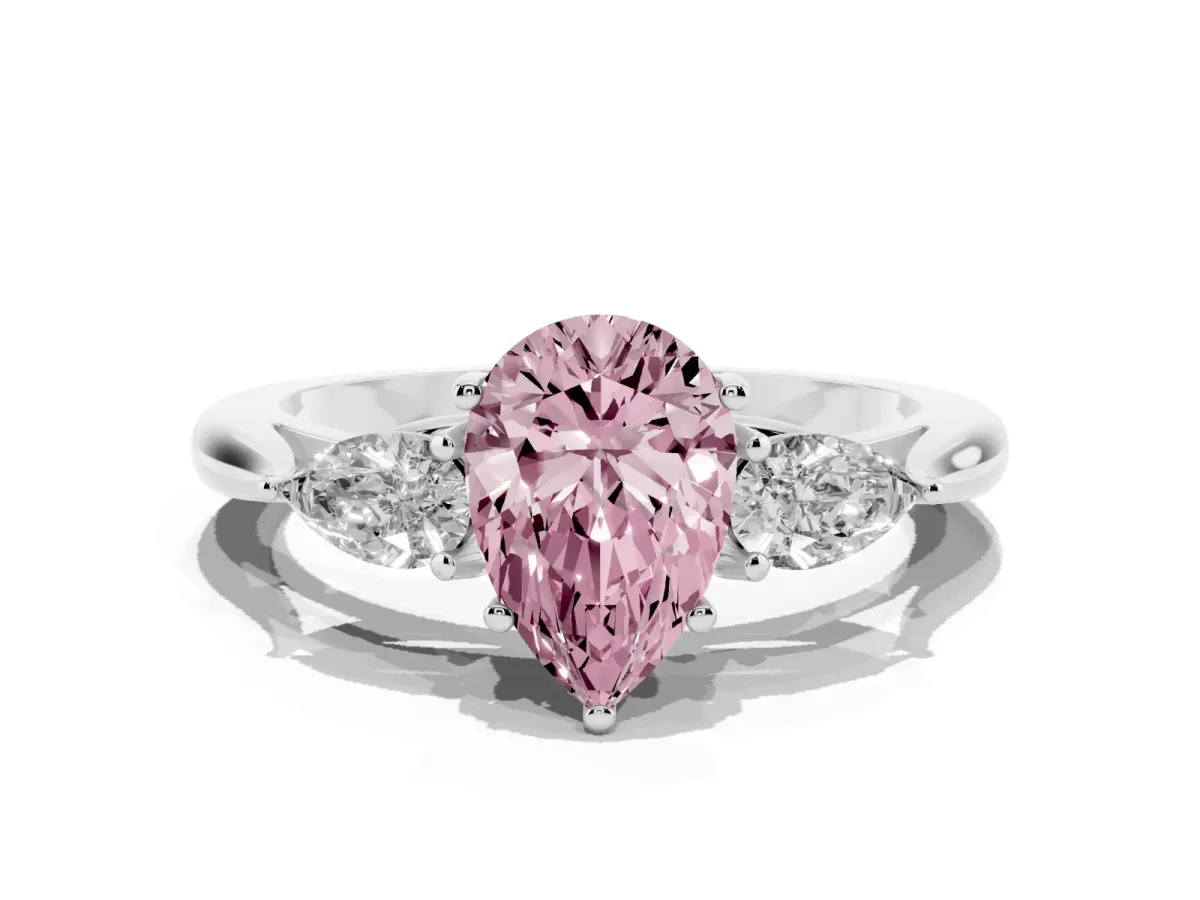 Fancy Pink Three-Stone Pear Cut Brilliant Diamond Solitaire Ring with Tapered Band and Four-Prong Setting White gold