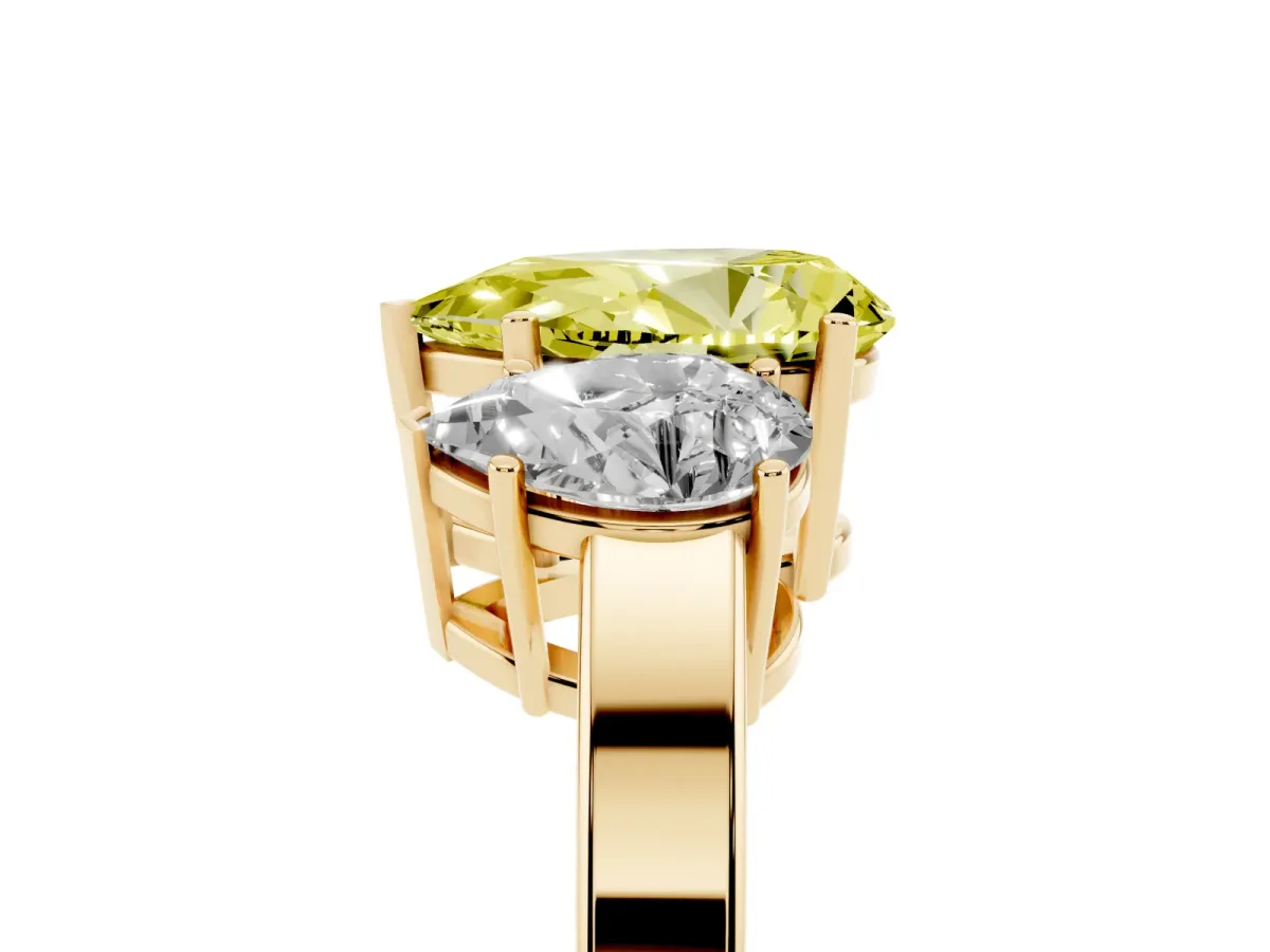 Fancy Yellow Three-Stone Pear Cut Cut Diamond Engagement Ring with Flat Band and Four-Prong Setting Yellow gold