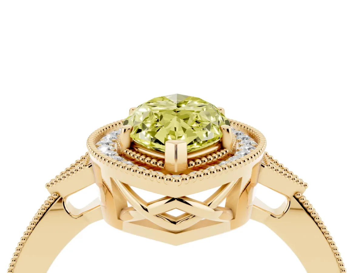 Fancy Yellow Marquise Cut Halo Round Diamond Milgrain Pave Engagement Ring Yellow gold