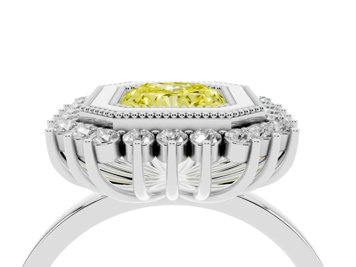 Fancy Yellow Radiant Cut Halo Diamond Ring with Milgrain Edge and Round Prong Setting Silver