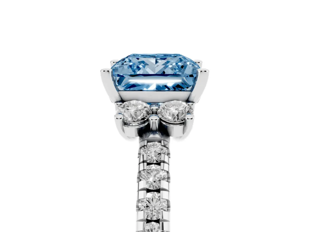Fancy Blue Princess Cut Diamond Three-Stone Pave Band with Four-Prong Setting Silver