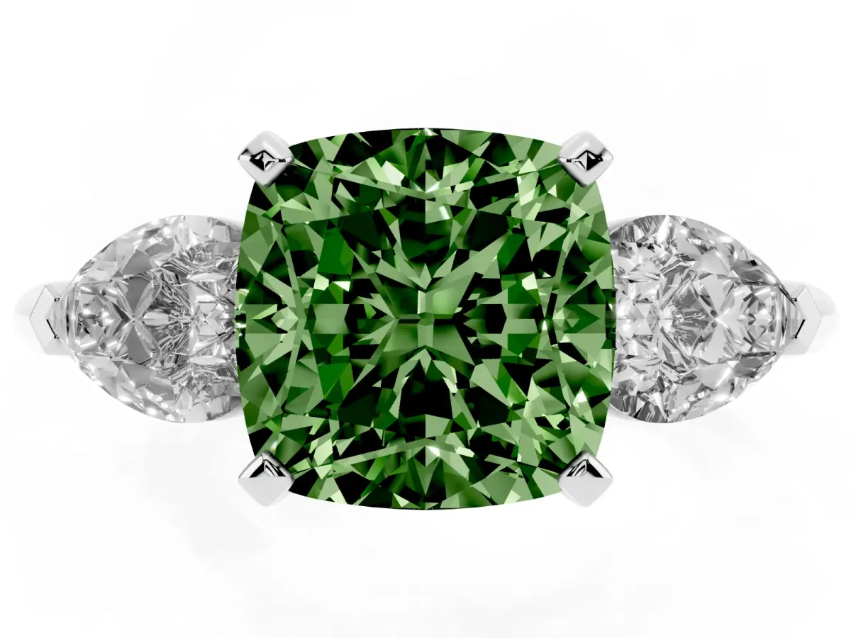 Fancy Green Three-Stone Cushion Cut Diamond Ring with Pear Side Stones and Four-Prong Setting Silver