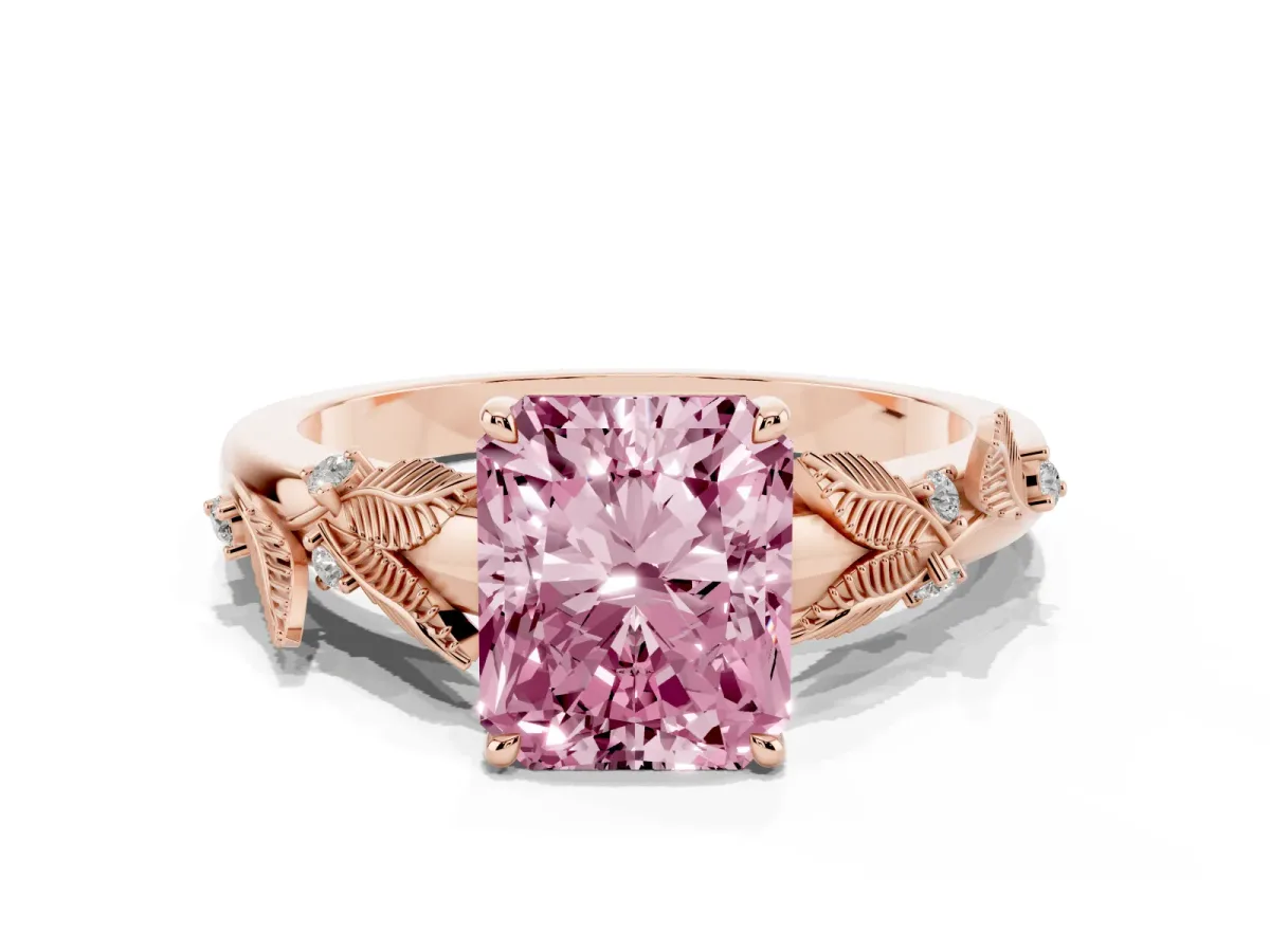 Fancy Pink Radiant Cut Diamond Solitaire Ring with Leaf Motif Band and Four-Prong Setting Rose gold
