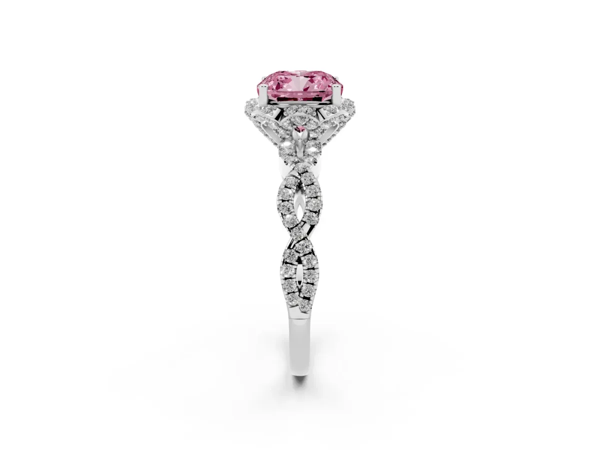 Fancy Pink Cushion Cut Halo Twist Band Solitaire Ring with Six-Prong Setting White gold