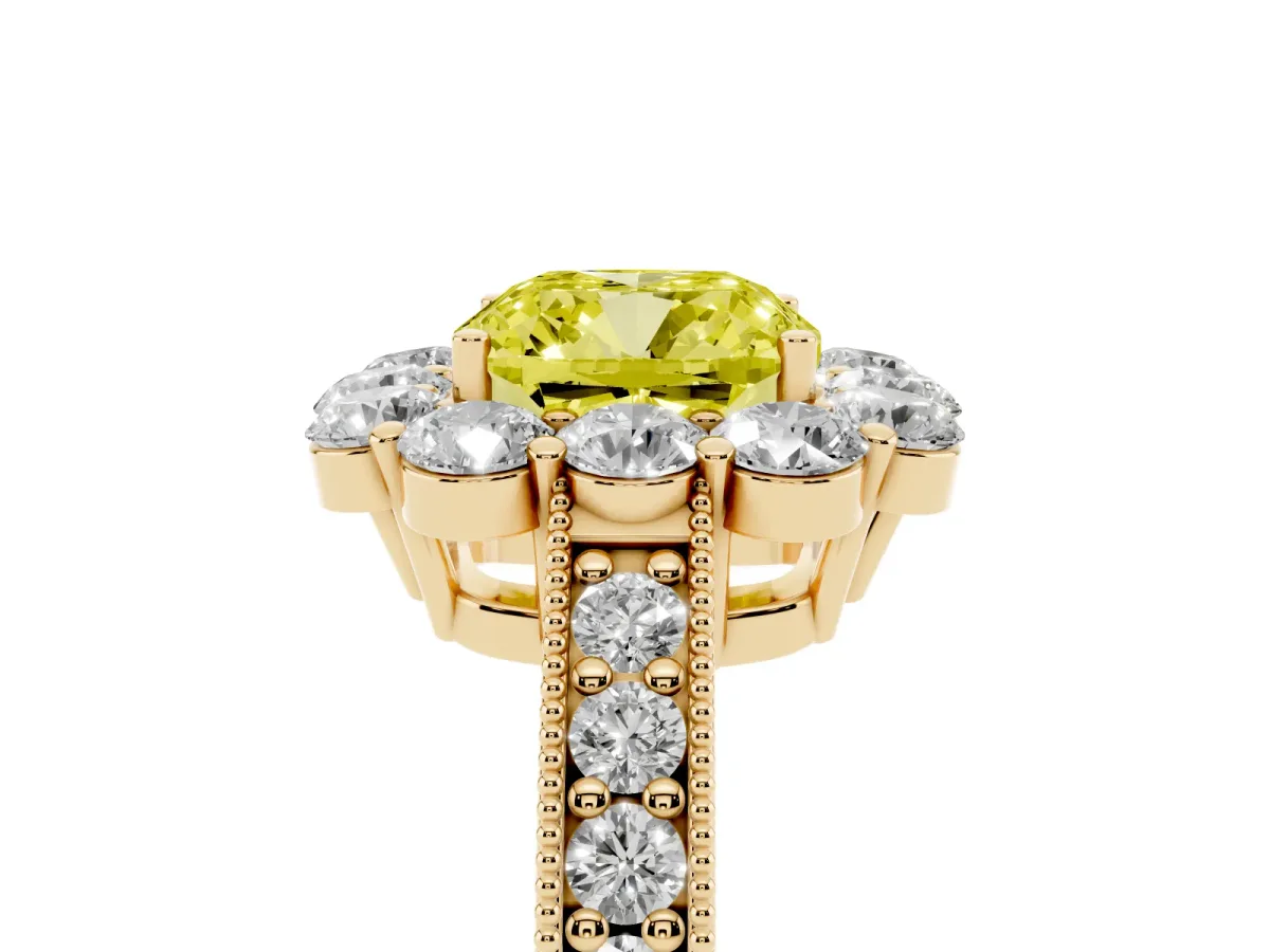 Fancy Yellow Cushion Cut Cut Halo Diamond Pavé Engagement Ring with Milgrain Detailing Yellow gold