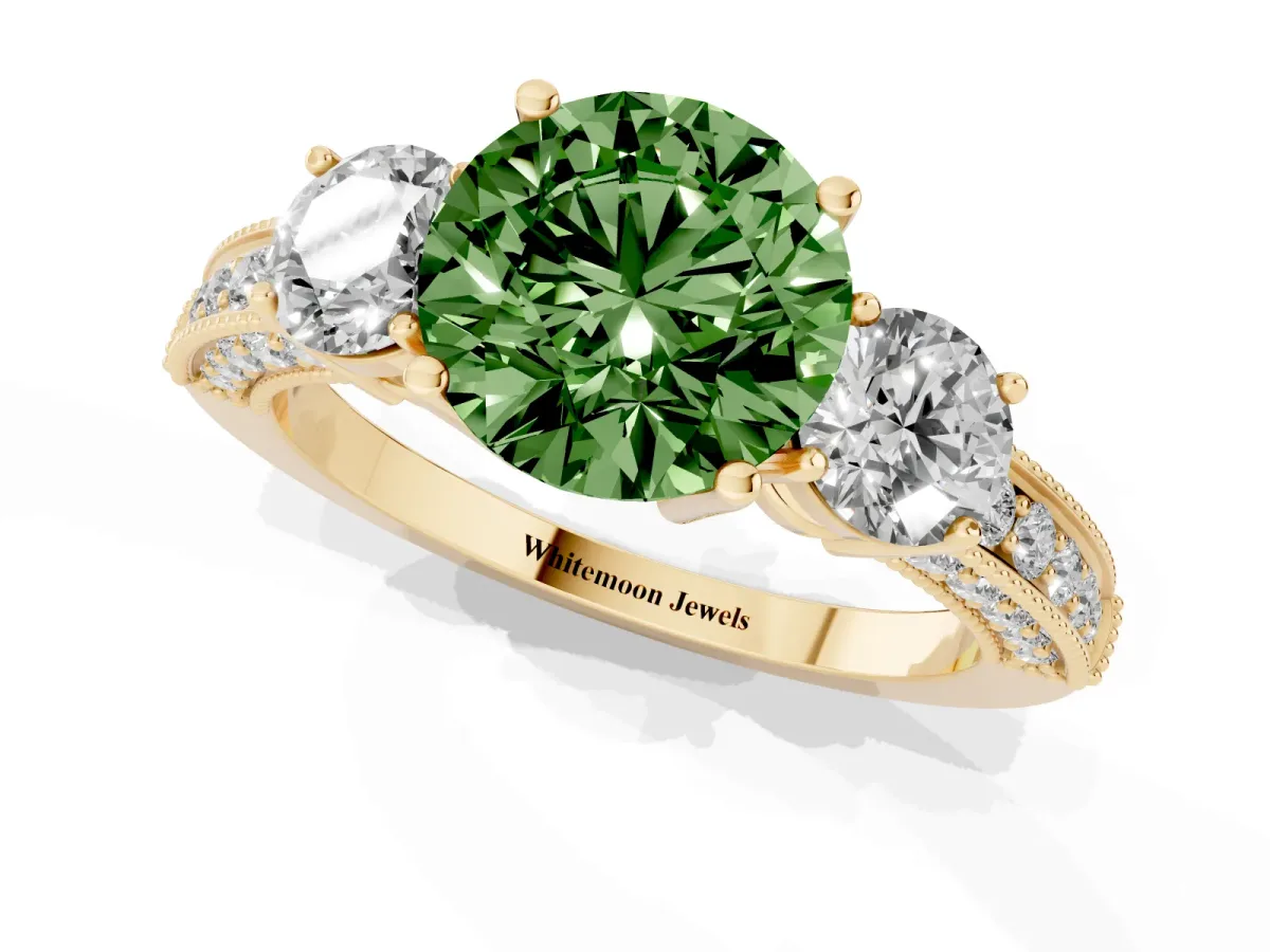 Fancy Green Round Cut Three-Stone Diamond Ring with Pavé Band and Four-Prong Setting Yellow gold