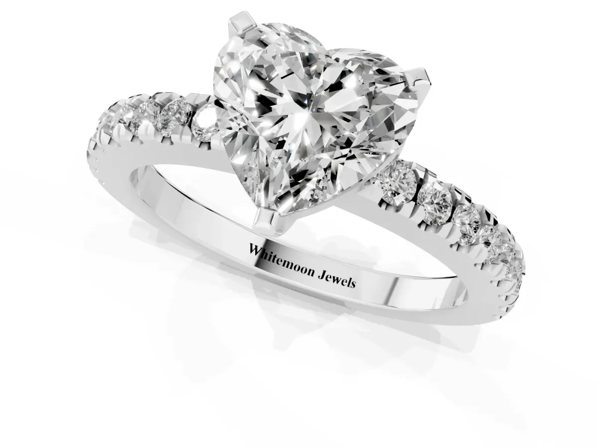 Heart Cut Solitaire Diamond with Pavé Band and Four-Prong Setting Silver