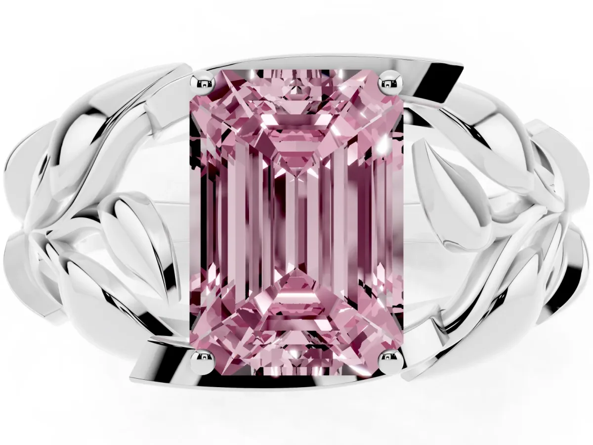 Fancy Pink Emerald Cut Diamond Leaf-Inspired Engagement Ring with Round Accents and Prong Setting Silver