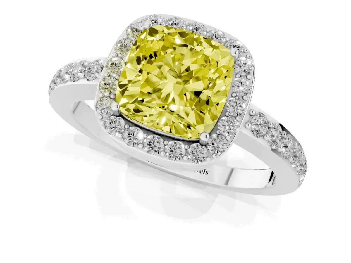 Fancy Yellow Cushion Cut Halo Diamond Pavé Band Ring with Prong Setting Silver