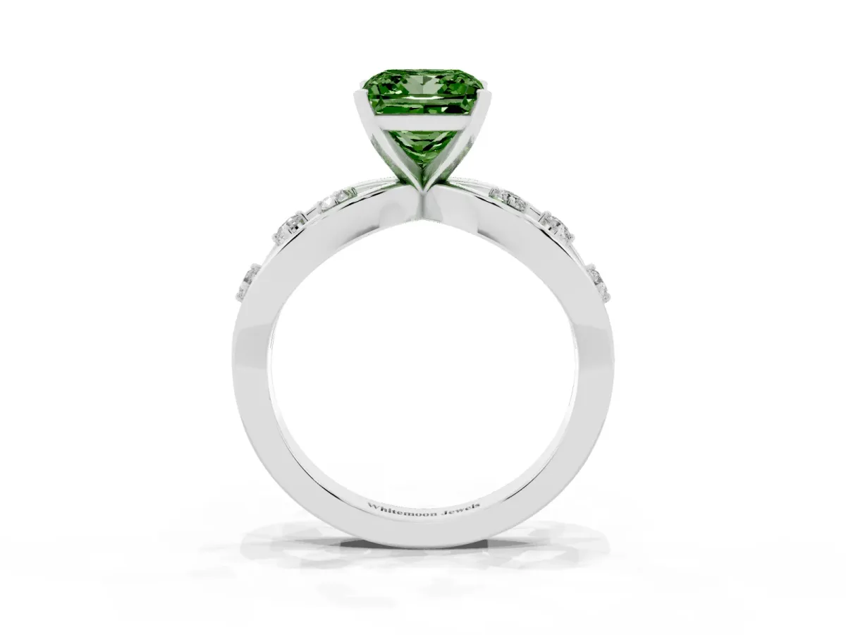Fancy Green Princess Cut Cut Solitaire Diamond with Side Stones on Criss-Cross Band and Four-Prong Setting Silver