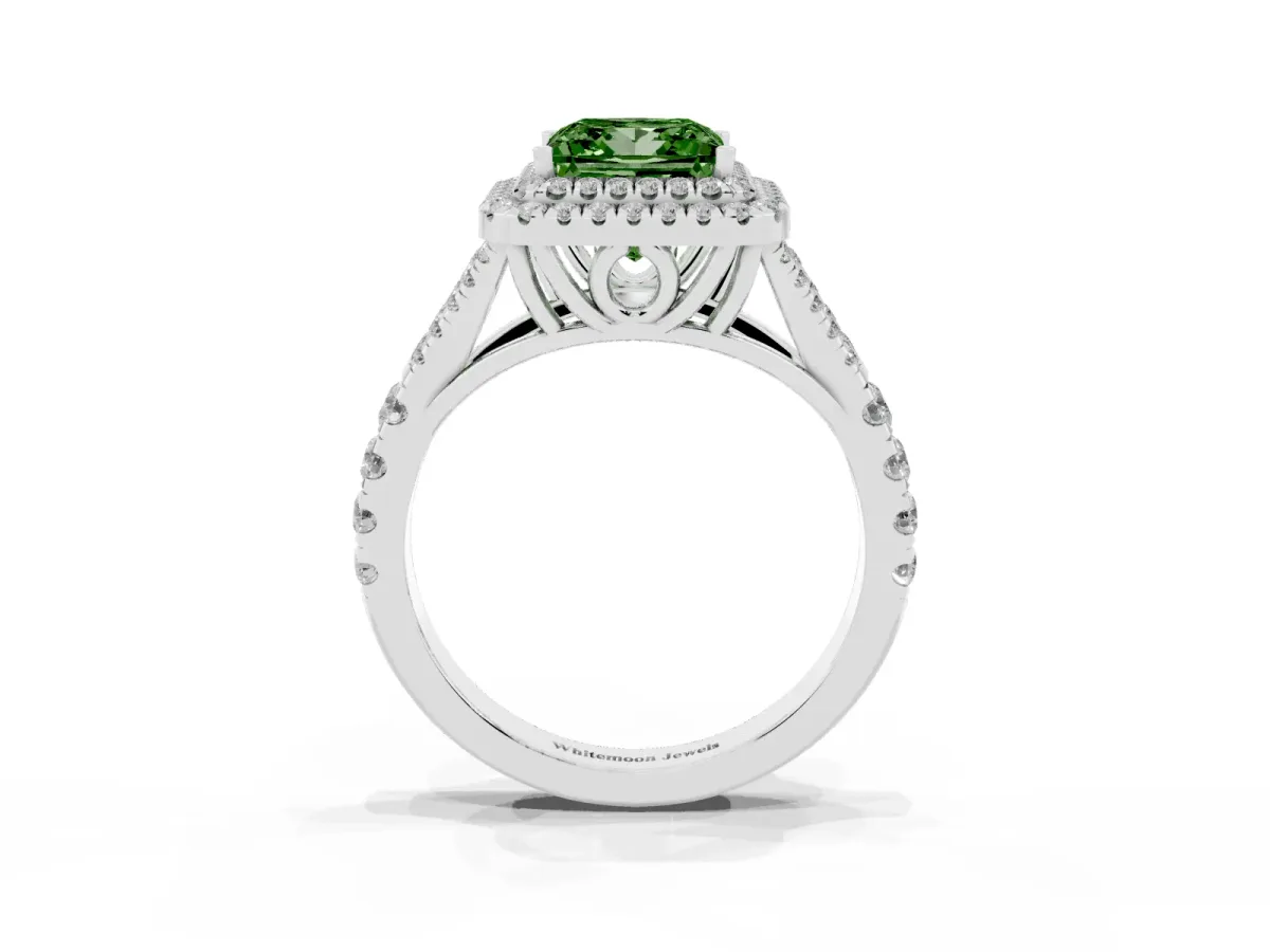 Fancy Green Double Halo Princess Cut Diamond Split Shank Engagement Ring with Four-Prong Setting Silver
