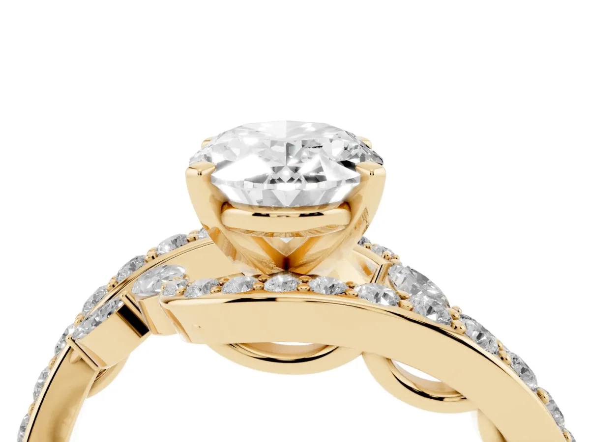 Oval Cut Solitaire with Pavé Twist Band and Four-Prong Setting Yellow gold