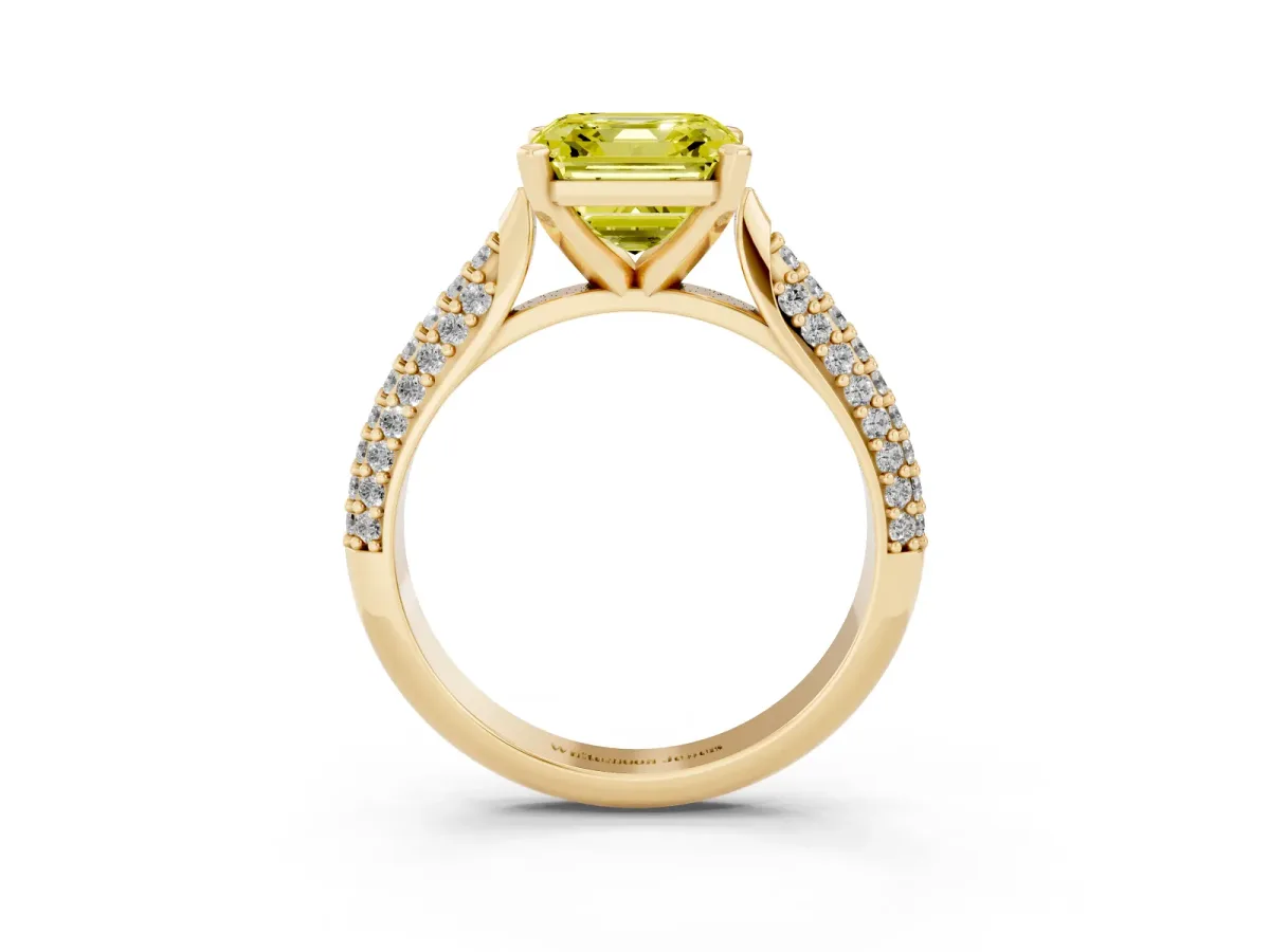 Fancy Yellow Asscher Cut Diamond Solitaire Engagement Ring with Multi-Row Round Pavé Band and Prong Setting Yellow gold