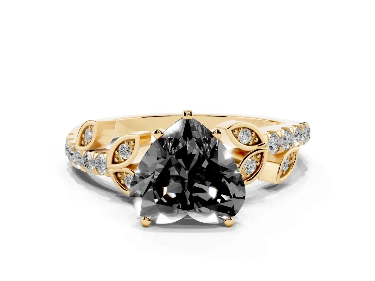Fancy Black Heart Cut Solitaire Leaf-Inspired Diamond Ring with Pavé Band and Four-Prong Setting Yellow gold