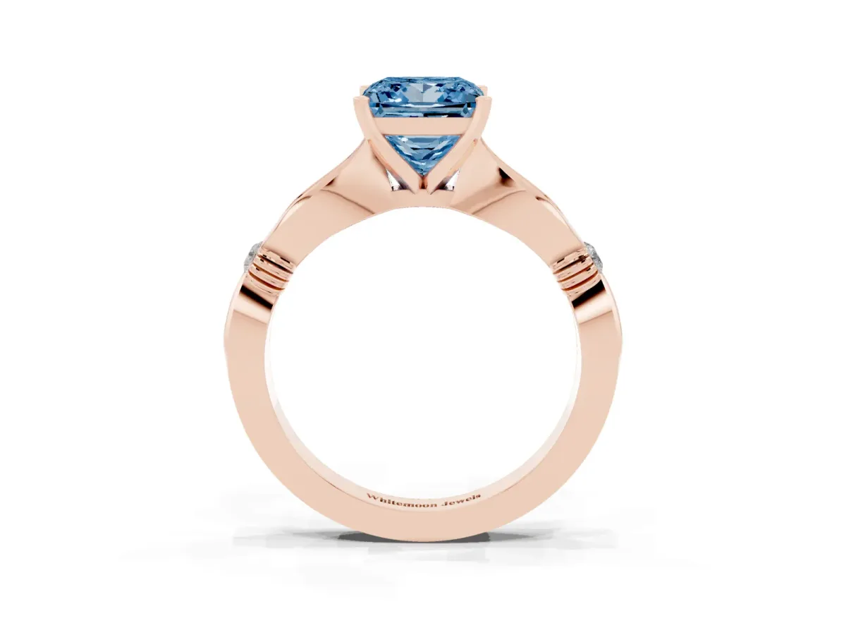Fancy Blue Princess Cut Solitaire Diamond Twisted Band with Four-Prong Setting Rose gold