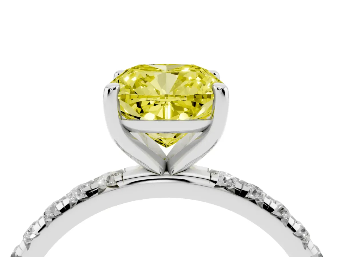 Fancy Yellow Cushion Cut Cut Diamond Solitaire Ring with Micro Pave Band and Four Prong Setting Silver