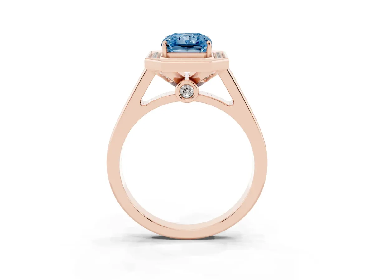 Fancy Blue Emerald Cut Halo Solitaire Diamond Ring with Pave Band and Bezel Setting Rose gold