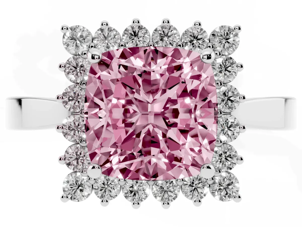 Fancy Pink Cushion Cut Cut Diamond Halo Ring with Round Brilliant Halo and Solitaire Band Platinum