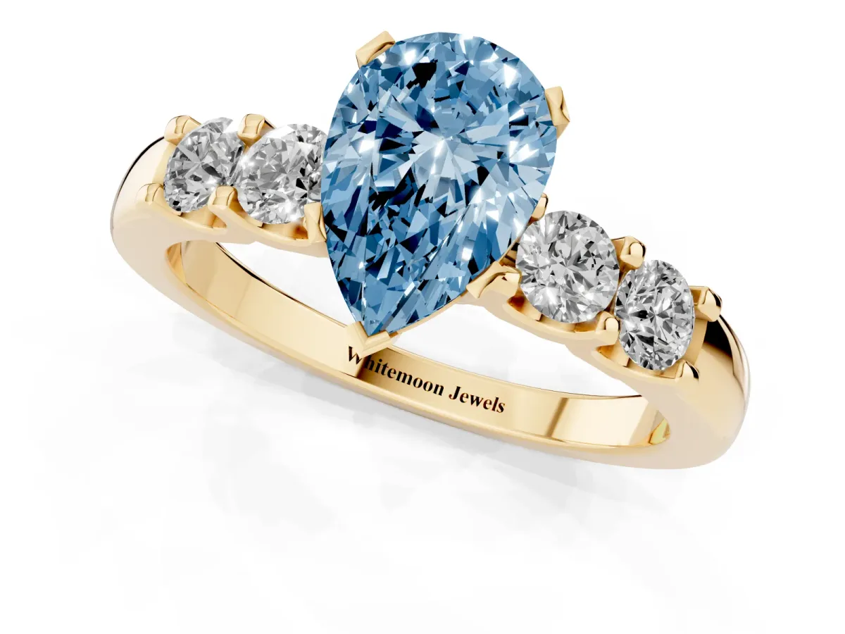 Fancy Blue Pear Cut Brilliant Cut Diamond Five-Stone Prong Set Engagement Ring with Channel Band Yellow gold