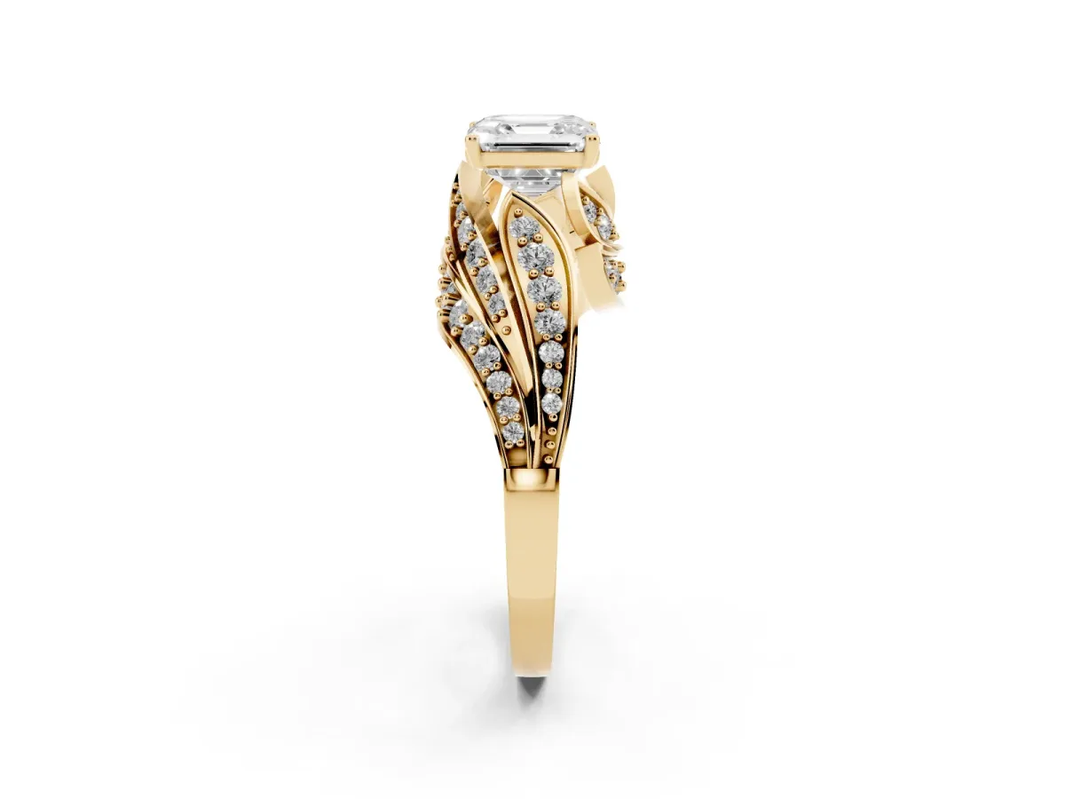 Asscher Cut Diamond Solitaire Ring with Prong Setting and Twisted Pavé Band Yellow gold