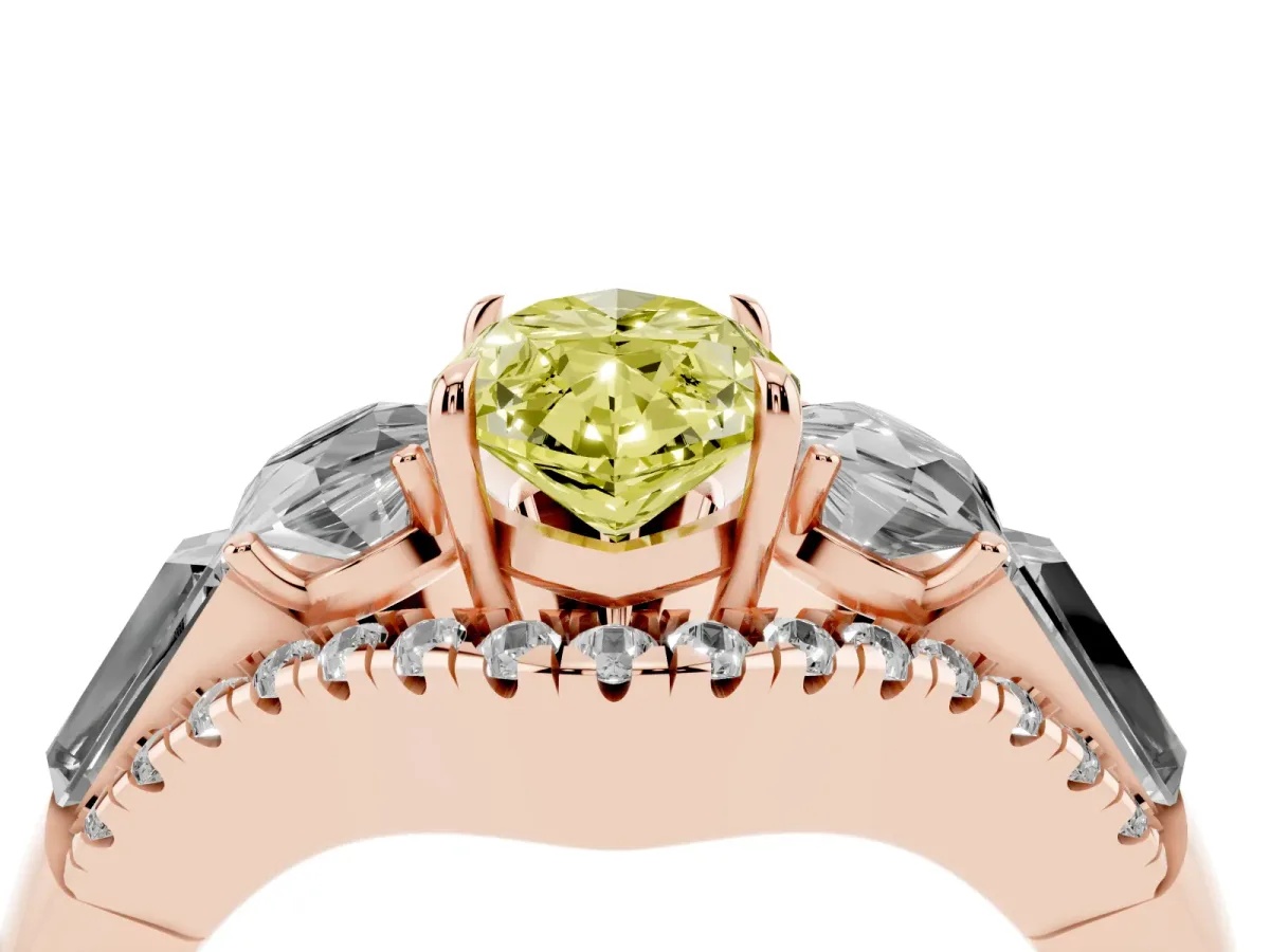 Fancy Yellow Three-Stone Marquise Cut Diamond Engagement Ring with Pave Band and Prong Setting Rose gold