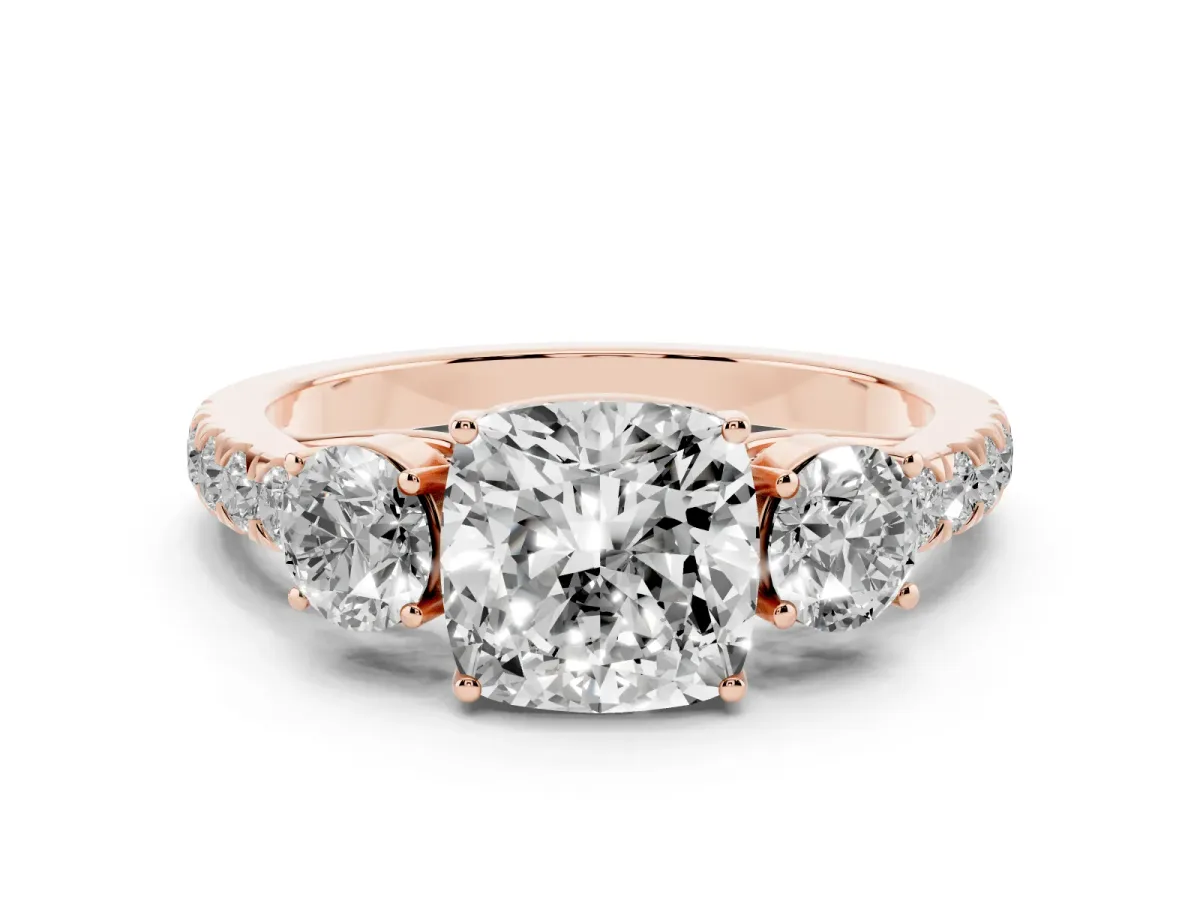 Cushion Cut Cut Diamond Three-Stone Ring with Round Side Stones and Pavé Band Rose gold