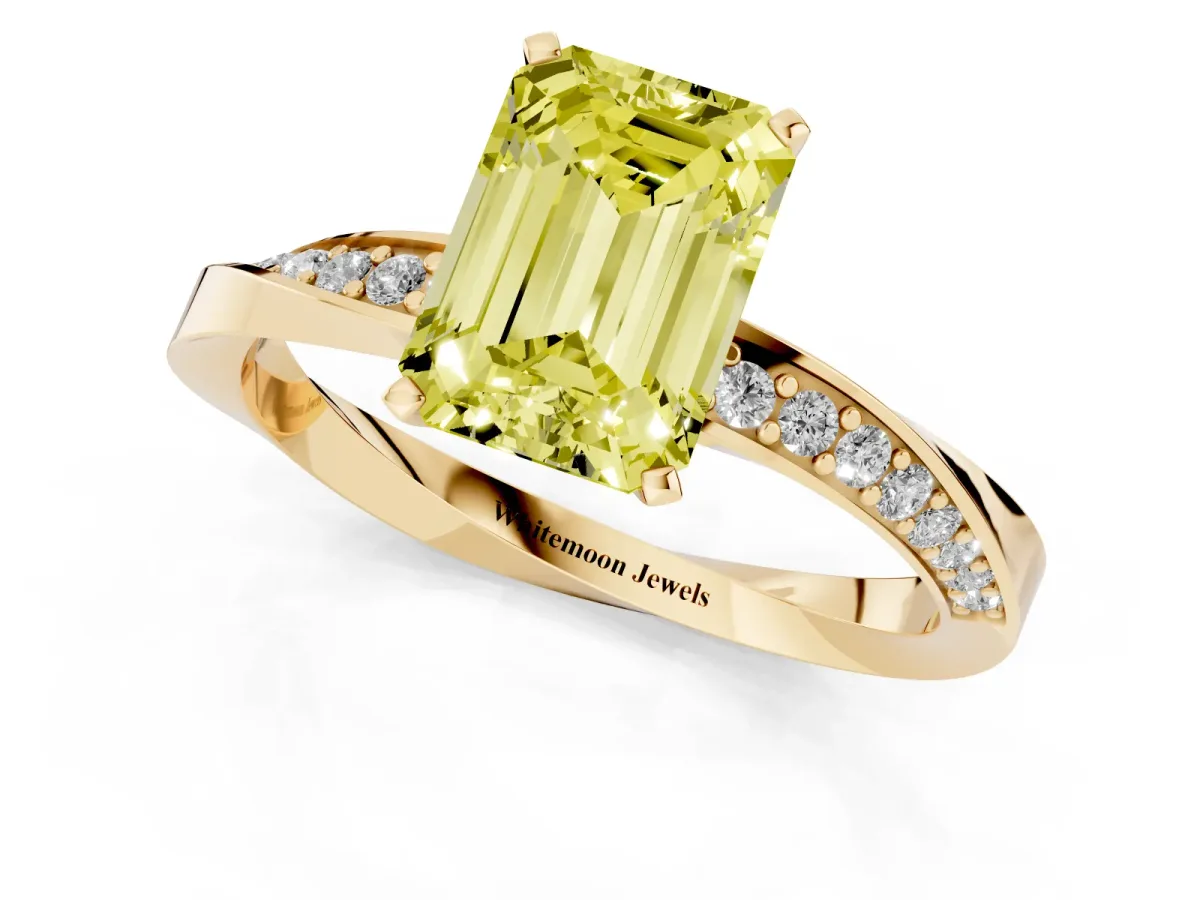 Fancy Yellow Emerald Cut Diamond Engagement Ring with Side Stone Accents and Four-Prong Setting Yellow gold