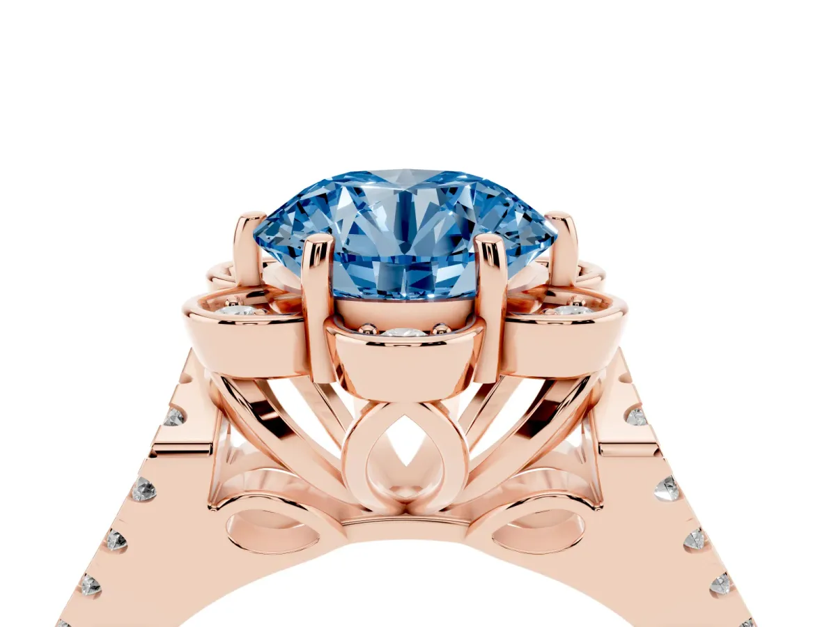 Fancy Blue Round Cut Halo Diamond Floral Split Shank Engagement Ring Rose gold