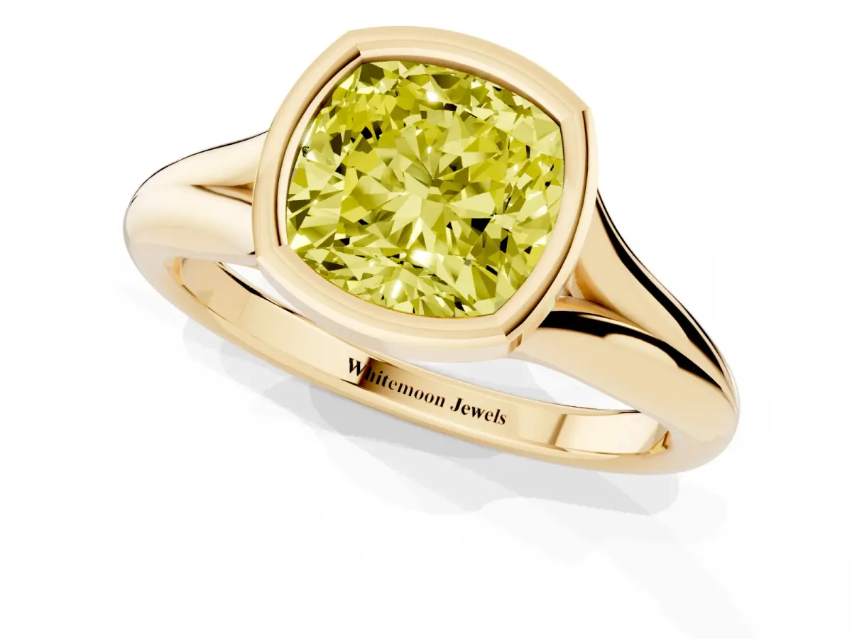 Fancy Yellow Bezel Set Cushion Cut Solitaire Diamond Ring with Smooth Band Yellow gold