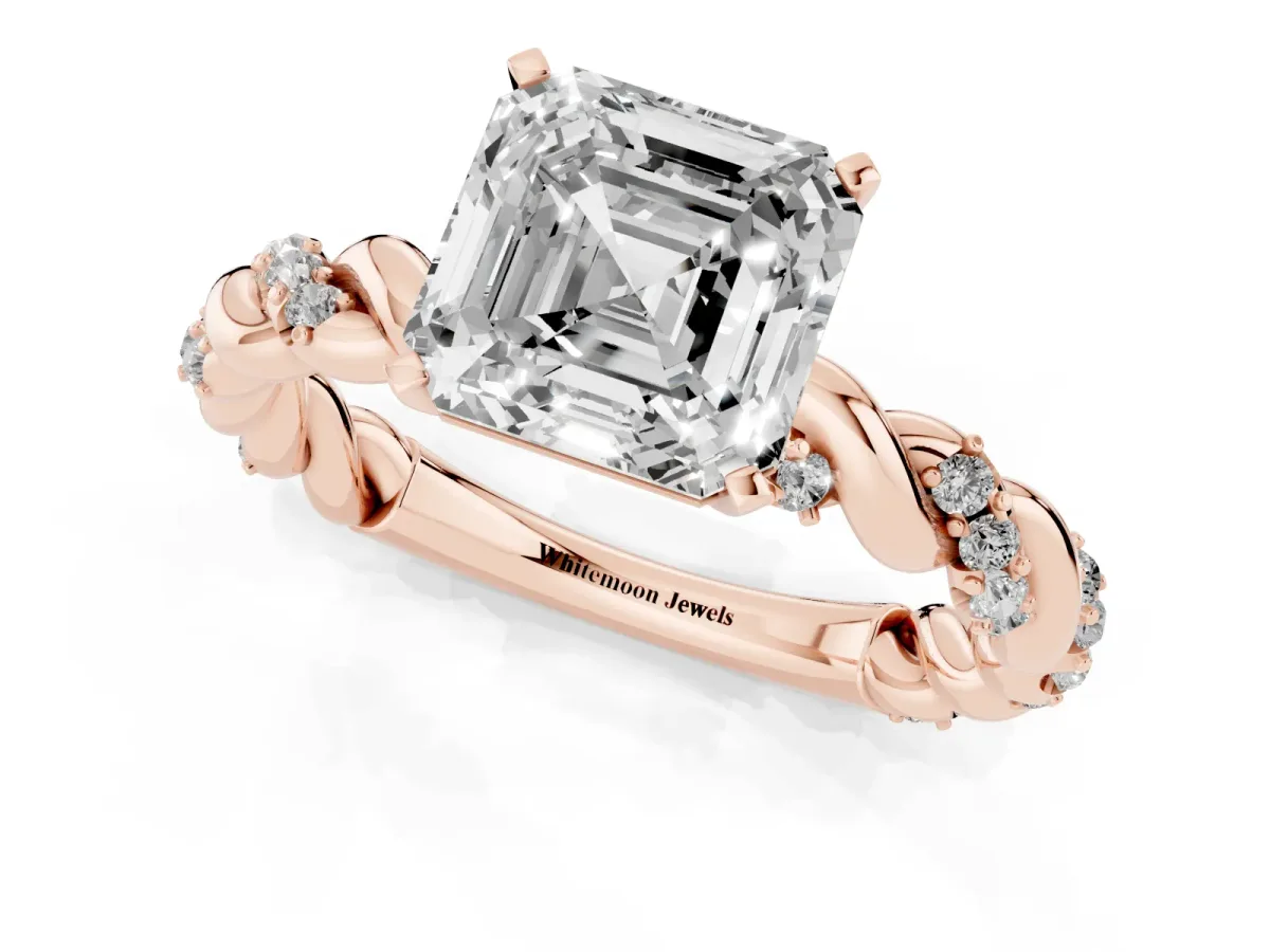 Asscher Cut Diamond Solitaire Ring with Twisted Band and Pavé Accents Rose gold