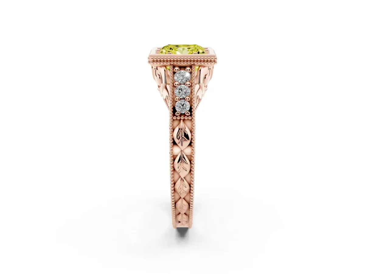 Fancy Yellow Bezel Set Princess Cut Diamond Milgrain Pave Engagement Ring Rose gold