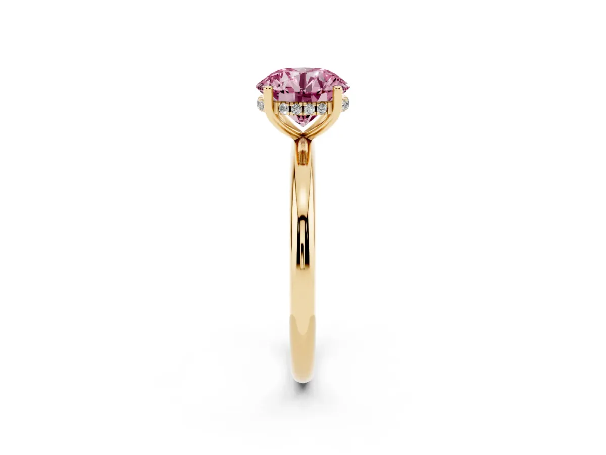 Fancy Pink Round Cut Cut Solitaire Engagement Ring with Four-Prong Setting and Classic Band Yellow gold