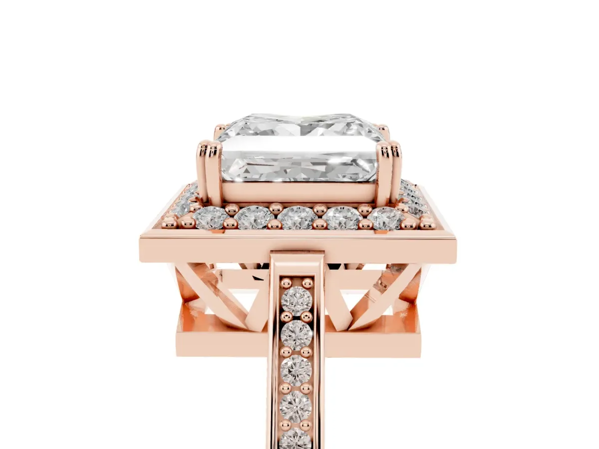 Princess Cut Diamond Halo Ring with Split Shank and Four-Prong Setting Rose gold