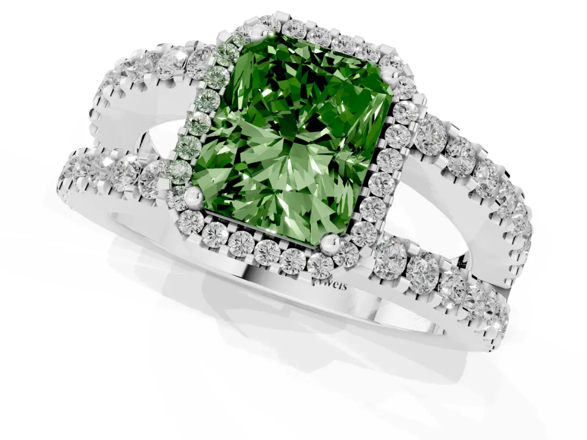 Fancy Green Radiant Cut Cut Halo Split Shank Diamond Ring with Four-Prong Setting Platinum
