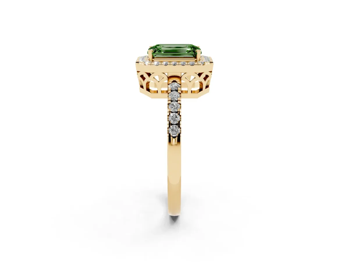 Fancy Green Emerald Cut Halo Diamond Engagement Ring with Pavé Band and Four-Prong Setting Yellow gold