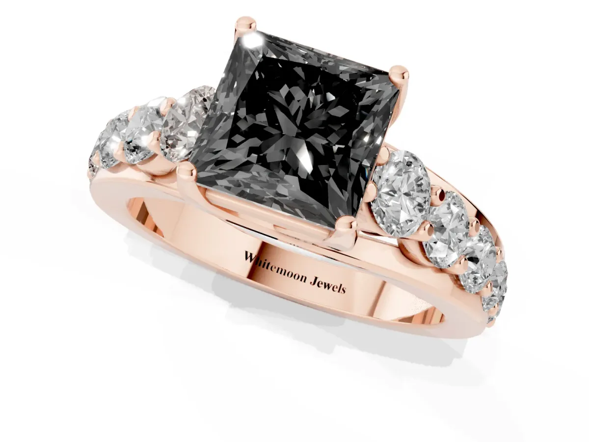 Fancy Black Princess Cut Diamond Engagement Ring with Pavé Band and Four-Prong Setting Rose gold