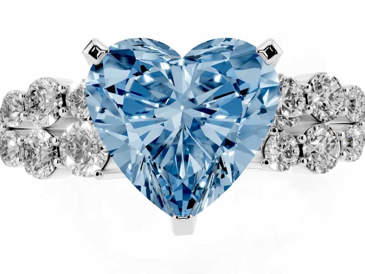 Fancy Blue Heart Cut Cluster Diamond Engagement Ring with Pavé Band and Four-Prong Setting Platinum