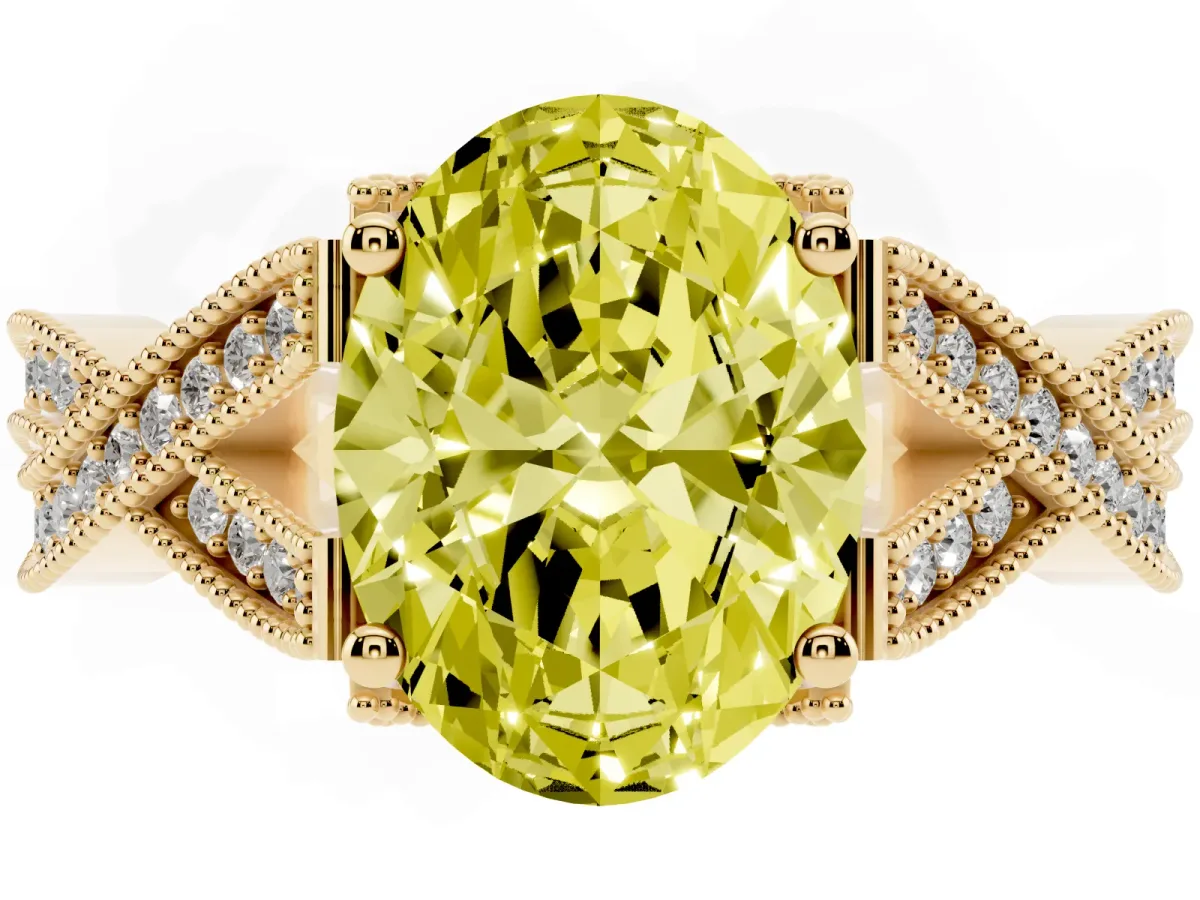 Fancy Yellow Oval Cut Cut Diamond Twisted Band with Milgrain Pave Setting and Four-Prong Setting Yellow gold