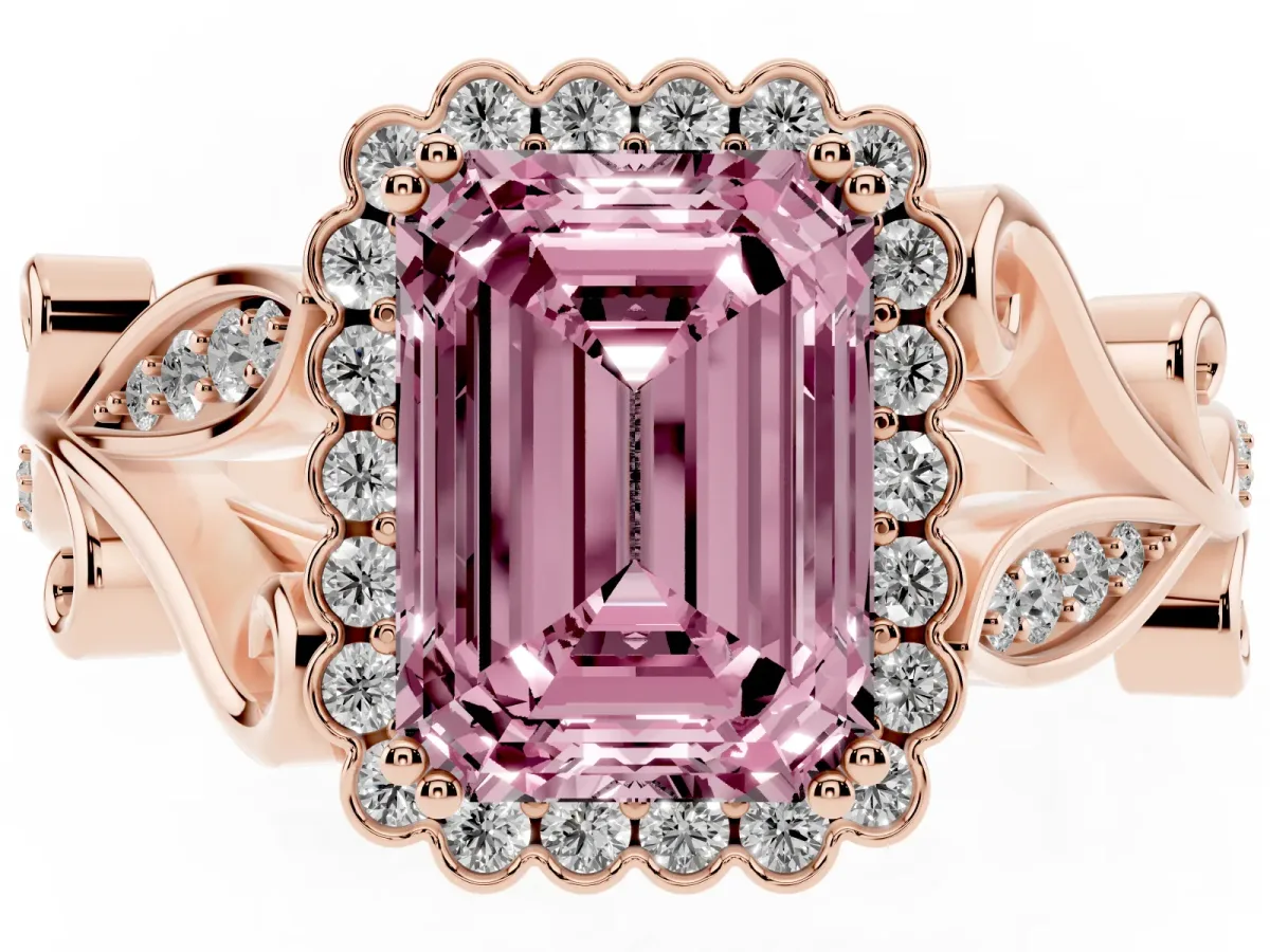 Fancy Pink Emerald Cut Diamond Halo Ring with Vintage Split Shank and Four-Prong Setting Rose gold